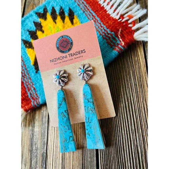 Navajo Sterling Silver & Turquoise Slab Concho Dangle Earrings